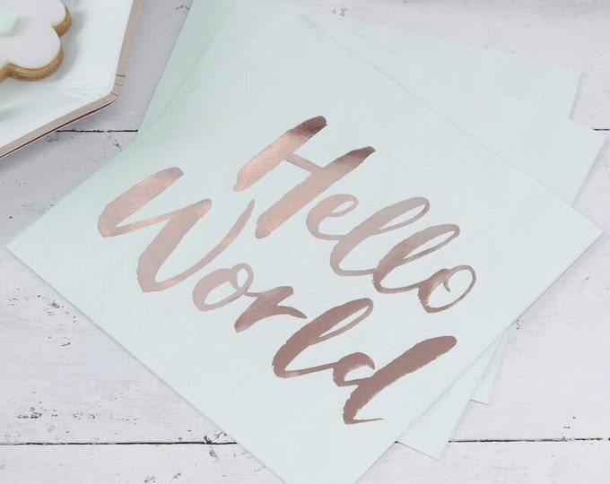 Mint and Rose Gold Hello World Baby Shower Napkins - Baby Shower Décor - Gender Neutral Baby Shower - Boy Baby Shower - Girl Baby Shower