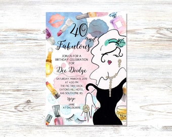 Puede incluir: Una invitación a una fiesta de cumpleaños con una ilustración de acuarela de una mujer con un vestido negro y maquillaje. El texto dice "40 y Fabulosa" e incluye detalles sobre la fiesta, incluyendo la fecha, la hora y el lugar.