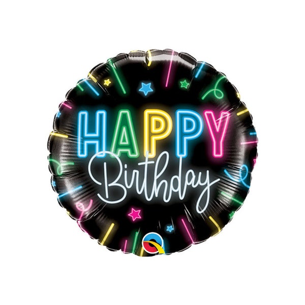 Neon Happy Birthday Foil Balloon 18" - Neon Party Supplies - Glow Party - Disco Party Ideas - Retro Party Decor - Cosmic Bowling Party