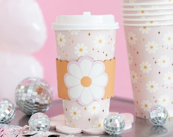 Copos de papel Disco Daisy - Festa temática dos anos 70 - Festa de aniversário retrô - Suprimentos para festa disco