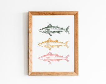 Mackerel Fish Print - Handmade Linocut Coastal Wall Art