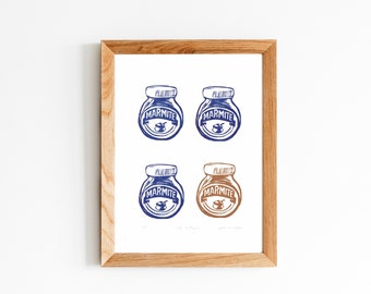 Marmite Linocut Art Print 'Yeast Extract Spread' Handmade Kitchen Wall Art (8x10)