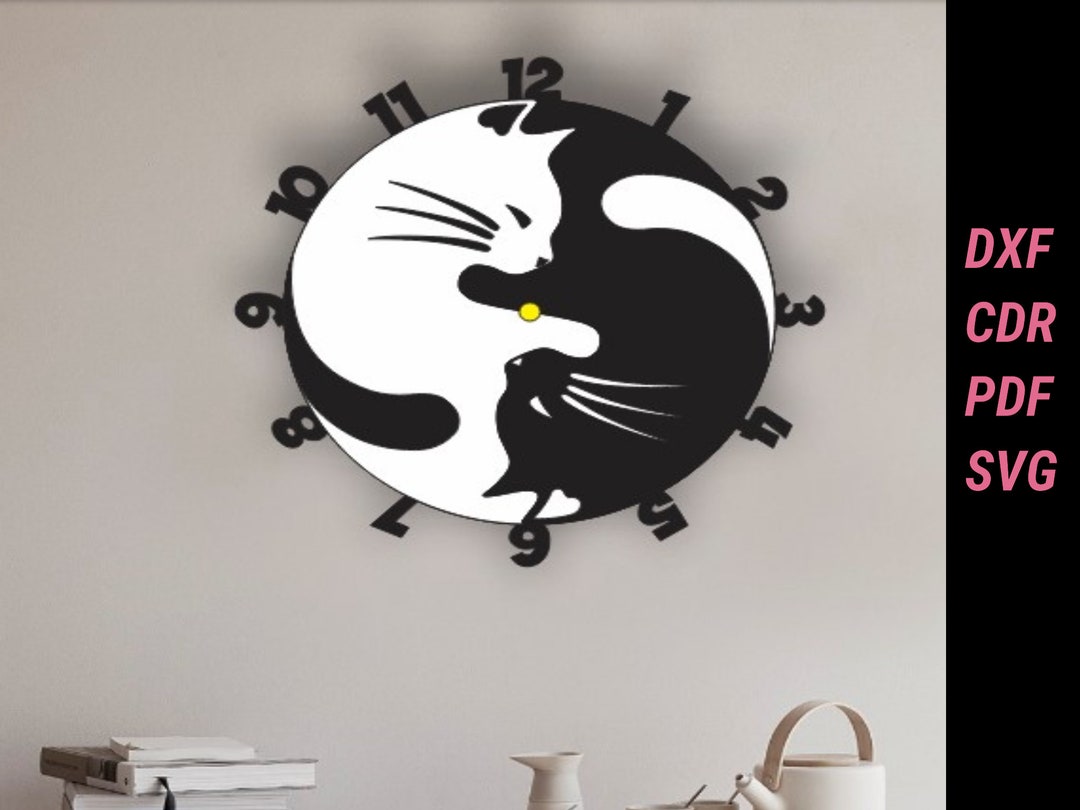 Yin Yang Cats Wall Clock, Black and White Cats, Cats Wall Decor, Laser