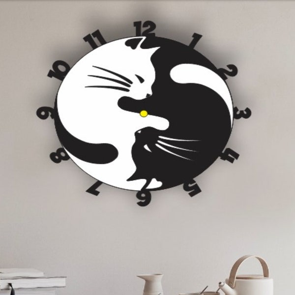 Yin Yang Cats Wall Clock, Black and white cats, Cats wall decor, Laser cut files, Cats wall art, Glowforge CNC Cutting, Pdf , Dxf, Svg, Cdr