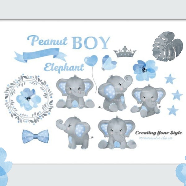 Elephant Baby Shower Clipart, Watercolor Baby Shower Clipart, Elephant Nursery art, Watercolor Elephant Png bundle, Baby Elephant, Baby Boy