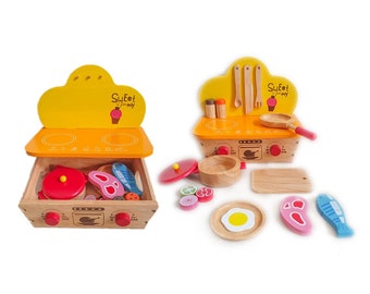 Juego de cocina de madera/juego de cocina portátil con caja de almacenamiento de madera resistente/juguete Montessori/regalo de madera para niños/juguete de madera