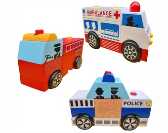 Wooden Stacking 3 Emergency Vehicles |  Birthday Gift Set for Babies| Montessori Learning Emergency Vehicles