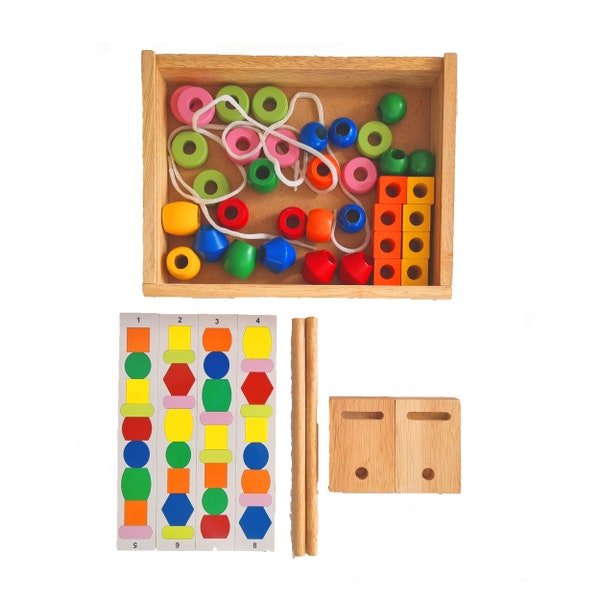 de perles pour laçage en bois avec une boîte de rangement en bois robuste | Jouet Montessori en bois | Jouet d'apprentissage en bois