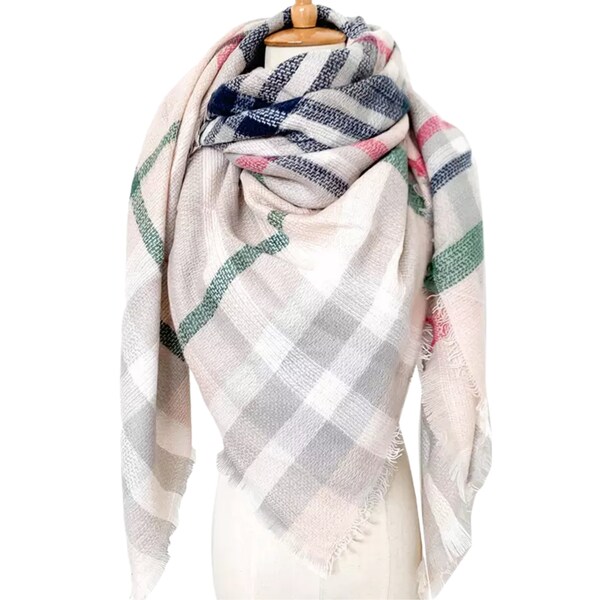 Cream, Pink, Gray & Blue Plaid Women's Blanket Scarf | Women Scarf | Gifts for Her | Women Shawl | Bridesmaid Scarf| Fall Scarf