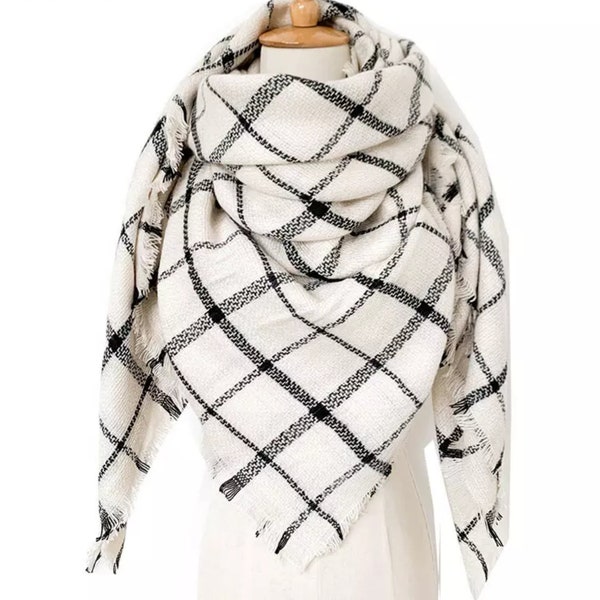 Cream & Black Plaid Women's Blanket Scarf | Women Scarf | Gifts for Her | Women Shawl | Bridesmaid Scarf| Fall Scarf