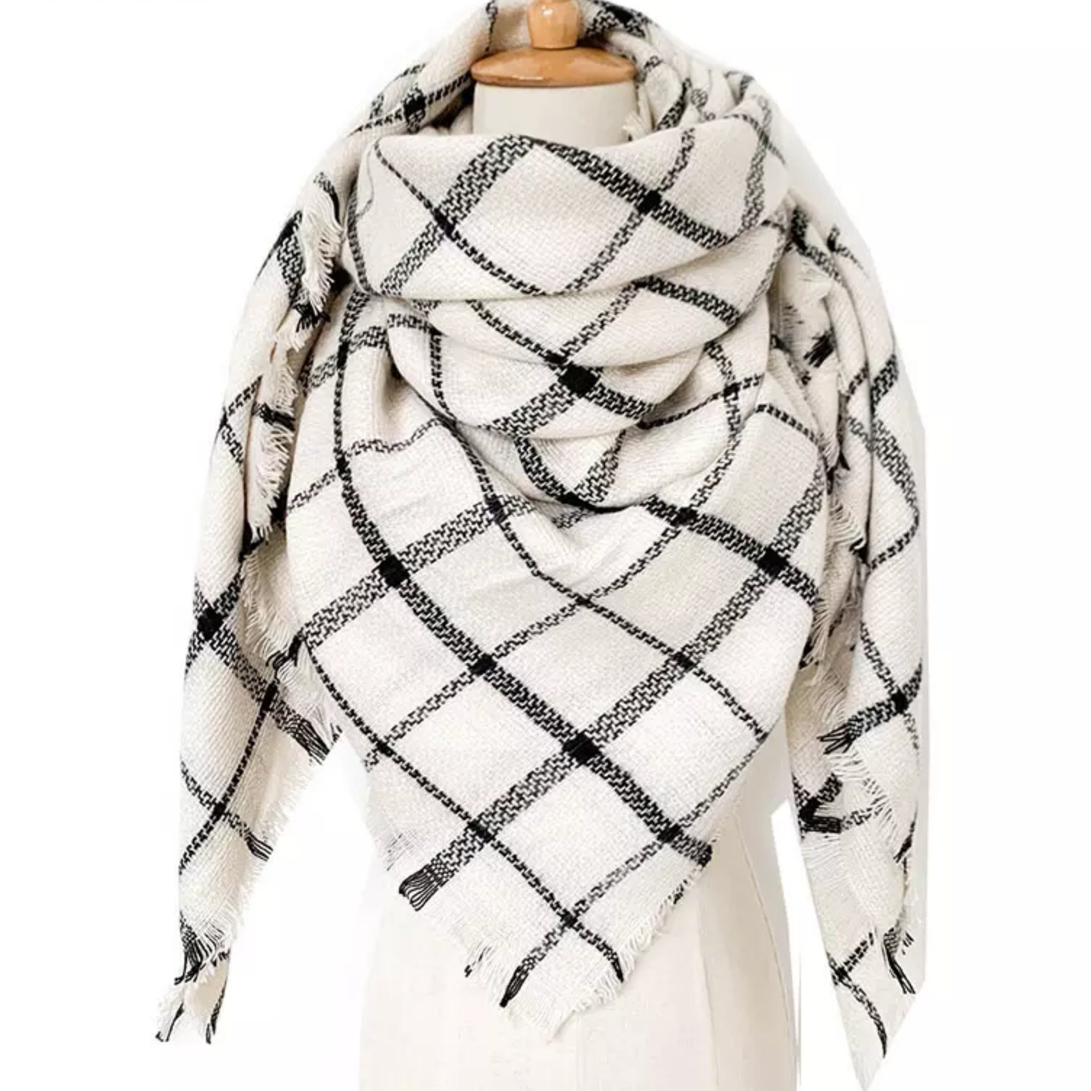 Cream & Black Plaid Women's Blanket Scarf Women Scarf Gifts for Her