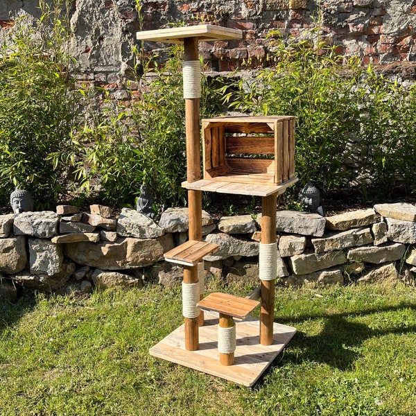 Arbre à chat en bois naturel, arbre à chat, chaton, balcon extérieur, grotte d'arbre à chat Unique