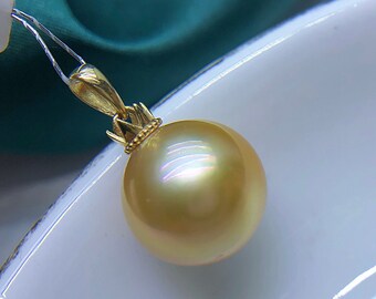 Super Value *** 12.2mm Big South Sea Golden Pearl Pendant 18k Yellow Gold Bright Rich Gold Color Very High Luster