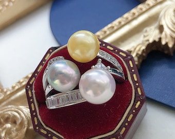 7.5mm-8mm Akoya Three Pearl Ring Bright Colors  Multicolored Very High Luster Open End Ring
