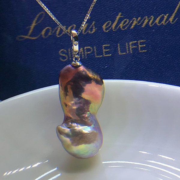 14.4mm x 27.6mm Big Metallic Freshwater Baroque Pearl Pendant Multicolored Very High Luster 18k White Gold Diamond Clip On Pendant