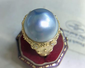 15,6 mm enorme Mabe-parelring uit de Zuidzee, heldere, rijke blauwwitte kleur, zeer hoge glans, sterlingzilveren ring met open uiteinde