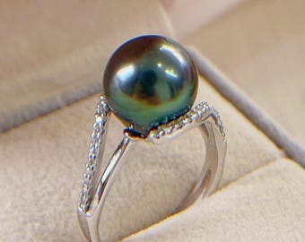 1Omm Tahitian Peacock Green Pearl Ring Vivid Peacock Green Color Very High luster