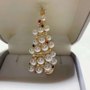 淡水ホワイトパール クリスマスツリー ブローチ ペンダント 4 mm-6 mm 高光沢 カラフル キュービックジルコン