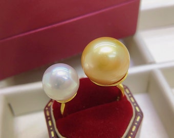 10mm-13mm Double Pearls Open Ring South Sea Golden Pearl South Sea White Pearl High Luster