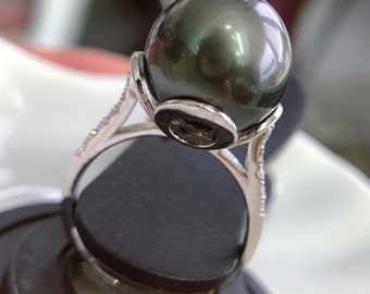 13.3mm Big Tahitian Black Green Pearl Ring High luster