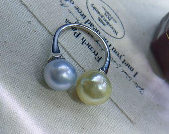 Pierścionek z podwójną perłą morską o średnicy 9 mm-10,5 mm, perła South Sea Golden Pearl, perła South Sea White Pearl, bardzo wysoki połysk, otwarty pierścionek Eng