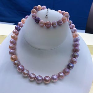 Super Value *** 10mm-12mm Freshwater Metallic Edison Pearls Beaded Necklace Bracelet Set Multicolored Very High Luster