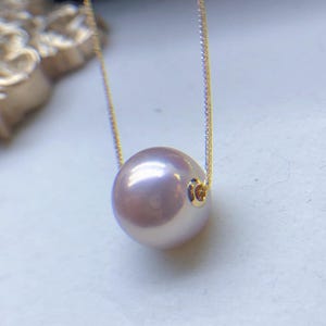 12.2mm Big Freshwater Metallic Floating Pearl Pendant Metallic Blossoms Pink Color Super High Luster 18k Yellow Gold Chain