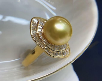 11.7mm South Sea Golden Pearl Ring Bright Rich Sunny Gold Color Super High Luster Open End Ring