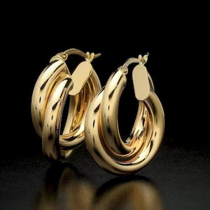High Quality 18kt High Polish Yellow Gold Double Row Hoop Earrings Super Shining