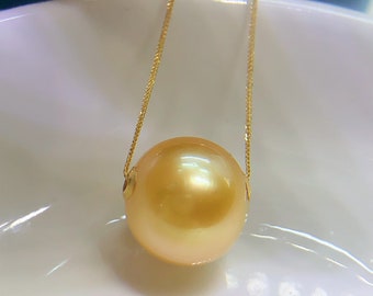 13.3mm Big South Sea Golden Floating Pearl Pendant Necklace Very High Luster 18k Yellow Gold Pin End Chain