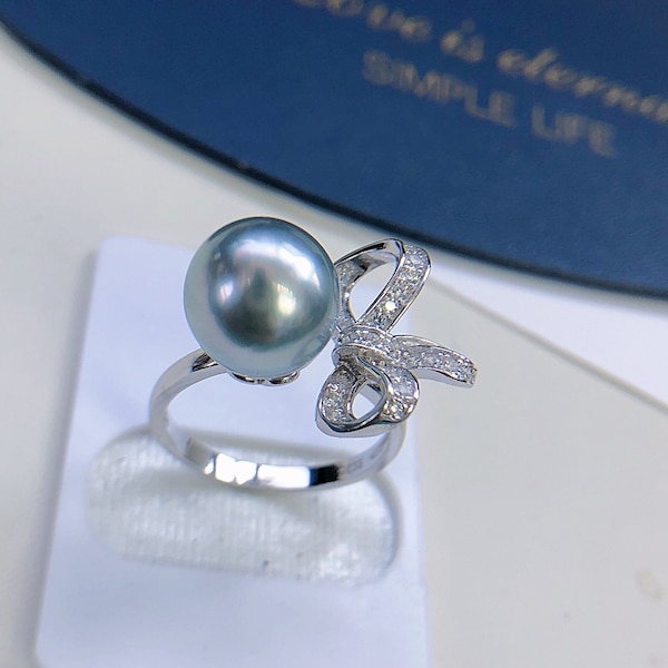 10.5mm Tahitian Gray Pearl Ring High luster Open End Ring Sterling Silver S925