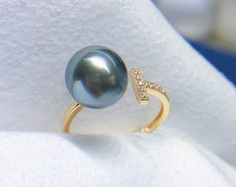 10.1mmタヒチ産グリーンパールリング、18金イエローゴールド、非常に高い光沢