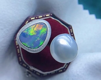 Rare Find *** 9.5mmx12.3mm Natural Australia Doublet Opal 11.8mm South Sea Baroque White Pearl Ring Very High luster Open End Ring