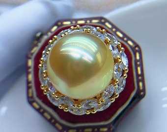 14 mm große goldene Südseeperle Ring helle sonnige Goldfarbe mehrfarbig sehr hohen Glanz-Ring mit offenem Ende