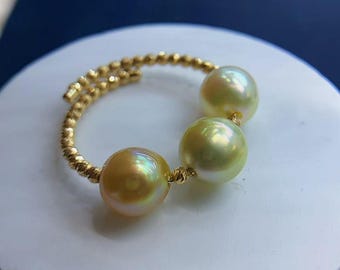 7.5mm-8mm Three South Sea Golden Pearl Ring Bright Rich Gold Color Multicolored 18k Yellow Gold Super High Luster Open End Ring Adjustable