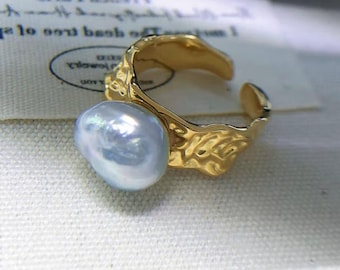 9.5mmx11.8 mm Südsee Barock weiße Perle Ring Helle silbrig blau weiß Farbe Super High Luster Sterling Silber Open-End-Ring