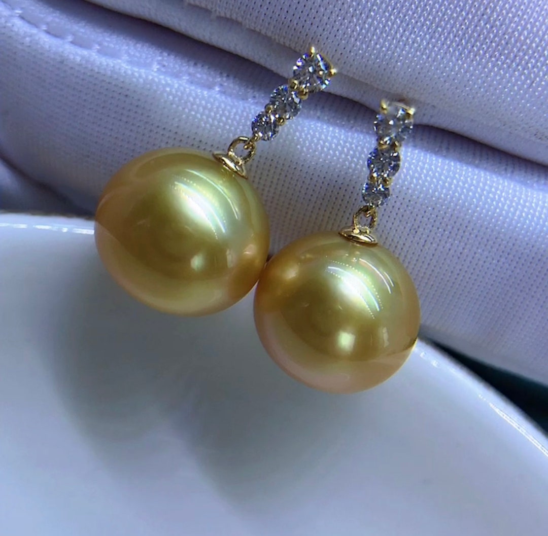11.9mm Big South Sea Golden Pearl Earring Rich Sunny Golden 18k Yellow ...