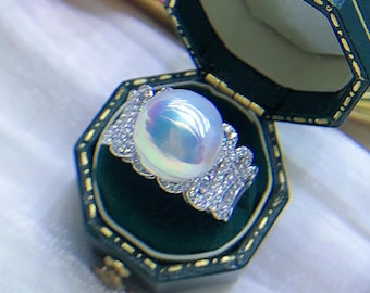 12mm Big Metallic Freshwater Pearl Ring Metallic Bright White Color with Pink overtone Multicolored Super High Luster