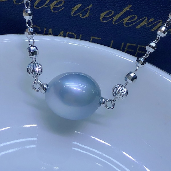 11.9mmx13.4mm Tahitian Baroque Gray Pearl Pendant Necklace Bright Pastel Gray Color Sterling Silver Chain High Luster