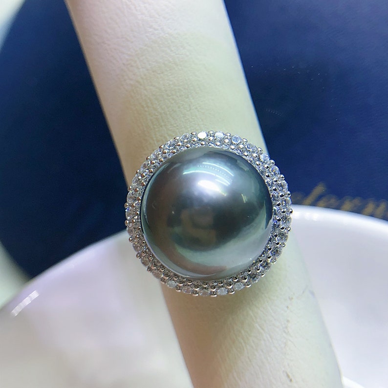 12.5mm Big Tahitian Pearl Ring Instense Blue Green Color Very High ...