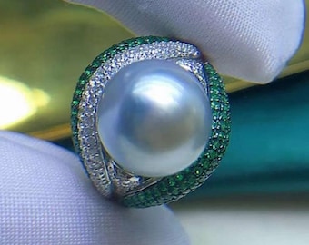 11.8mm Big South Sea Baroque White Pearl Ring Bright Cool White Color Very High Luster Sterling Silver Open End Ring