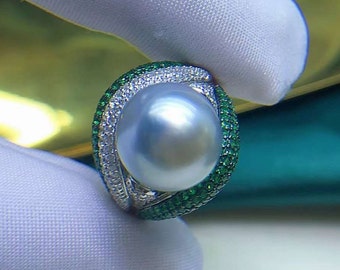 11.8mm Big South Sea Baroque White Pearl Ring Bright Cool White Color Very High Luster Sterling Silver Open End Ring