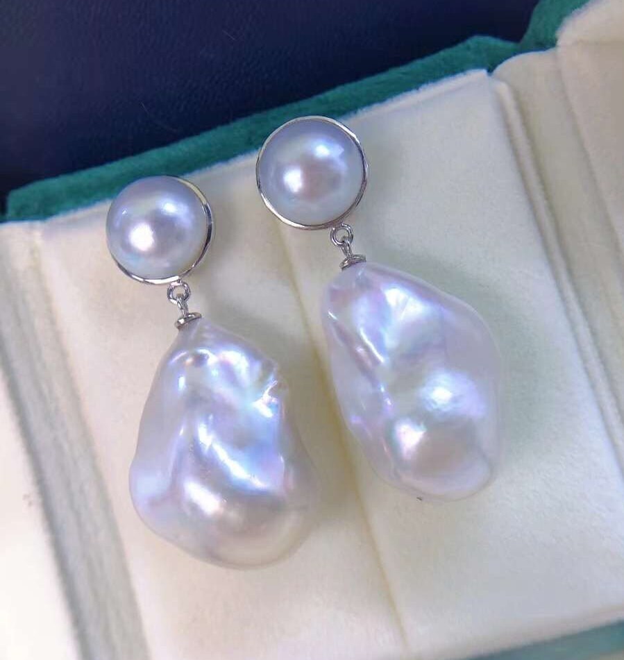 Double Pearl Earring 11mm Freshwater Mabe 18mmx26.7mm Huge
