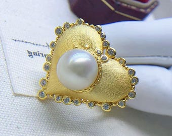 10.2mm Genuine South Sea Pearl Heart Ring, Natural White Pearl, Sterling Silver Gold Plated, Adjustable Ring, Luxury Gift