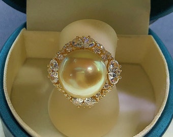 13.3mm Big South Sea Baroque Golden Pearl Ring Rich Gold Color High Luster Open End Ring
