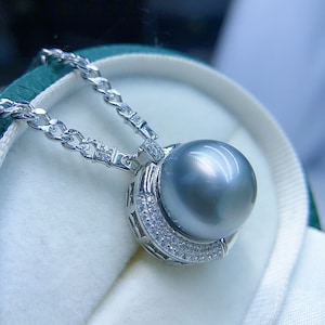 13.1mm Big Tahitian Gray Pearl Pendant Beautiful Bright Platinum Gray Color Very High Luster Thick Cuban Sterling Silver Chain