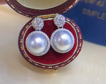 9.3mm South Sea Baroque White Pearl Earrings Bright Cool White Super High Luster