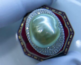 Anel de pérola barroca dourada dos Mares do Sul de 15 mm, pérola natural com reflexos verde-esmeralda e dourado champanhe, anel de prata de lei S925 ajustável.