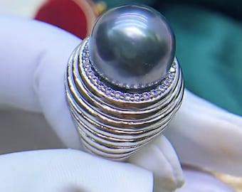 12.9mm Big Tahitian Pearl Ring Intense Black Green Color Very High luster