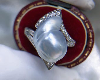 11mmx15.2mm South Sea Baroque White Pearl Ring, Bright Silvery Cool White Color Multicolored Super High Luster Sterling Silver Open-end Ring
